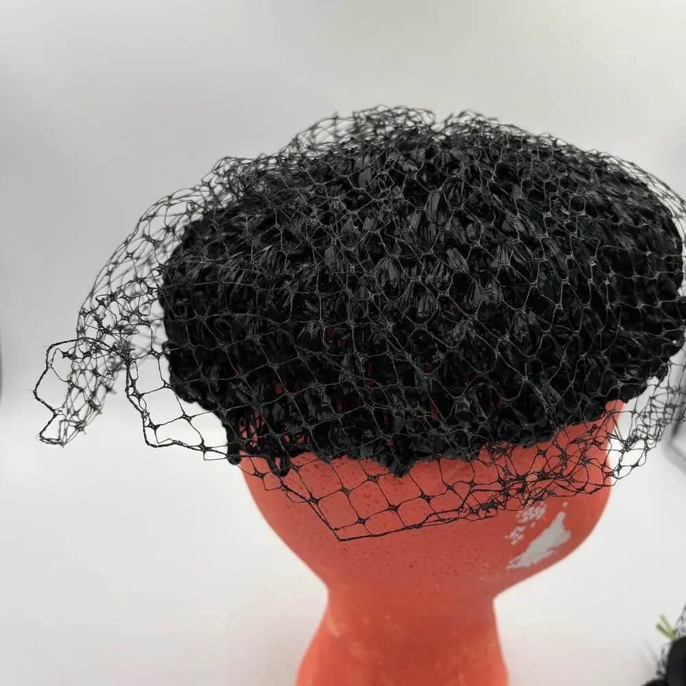 Vintage Black Rose Birdcage Mesh Veil Tilt Topper Fascinator Hat & Hat Pins Lot